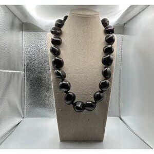 Black Beaded Large Kukui Nut Necklace Adjustable Ribbon Tie Vintage Lei Necklace